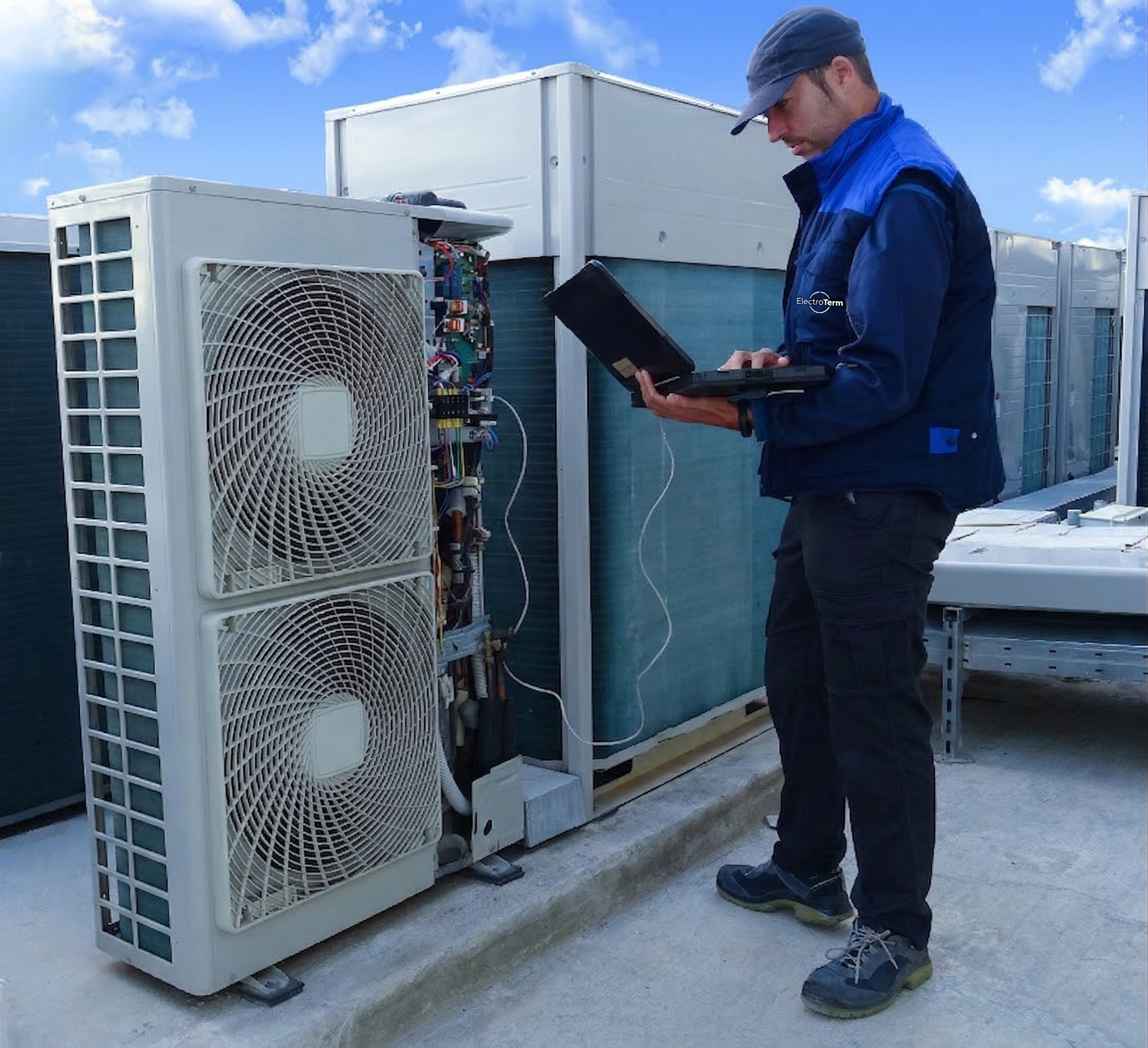 Técnico de ElectroTerm midiendo equipos en una instalación en azotea